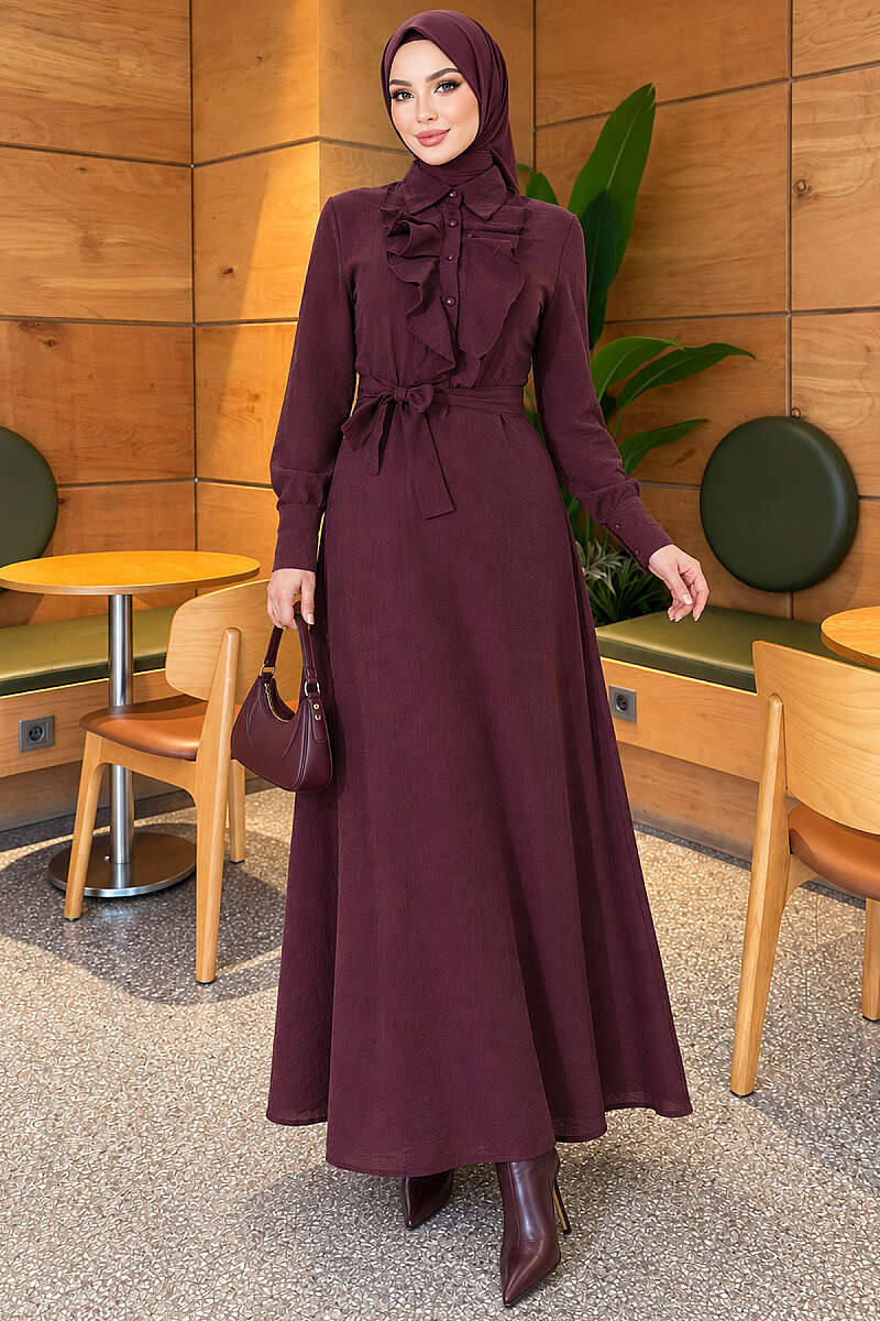 Half-Button Dress with Ruffled Front - Plum