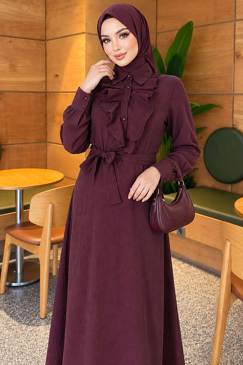 Half-Button Dress with Ruffled Front - Plum