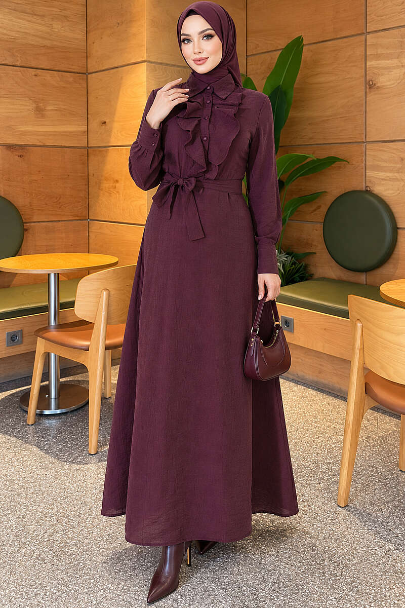 Half-Button Dress with Ruffled Front - Plum
