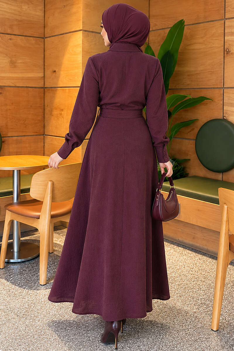 Half-Button Dress with Ruffled Front - Plum