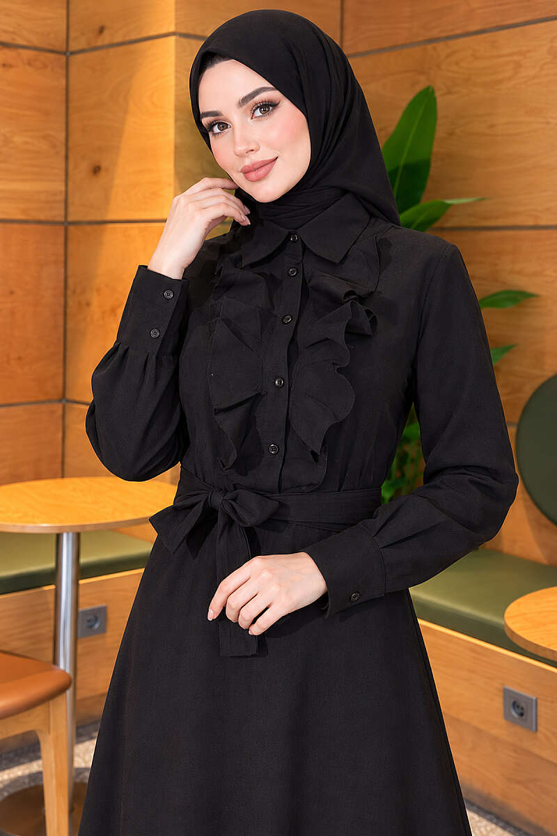 Half-Button Dress with Ruffled Front - Black