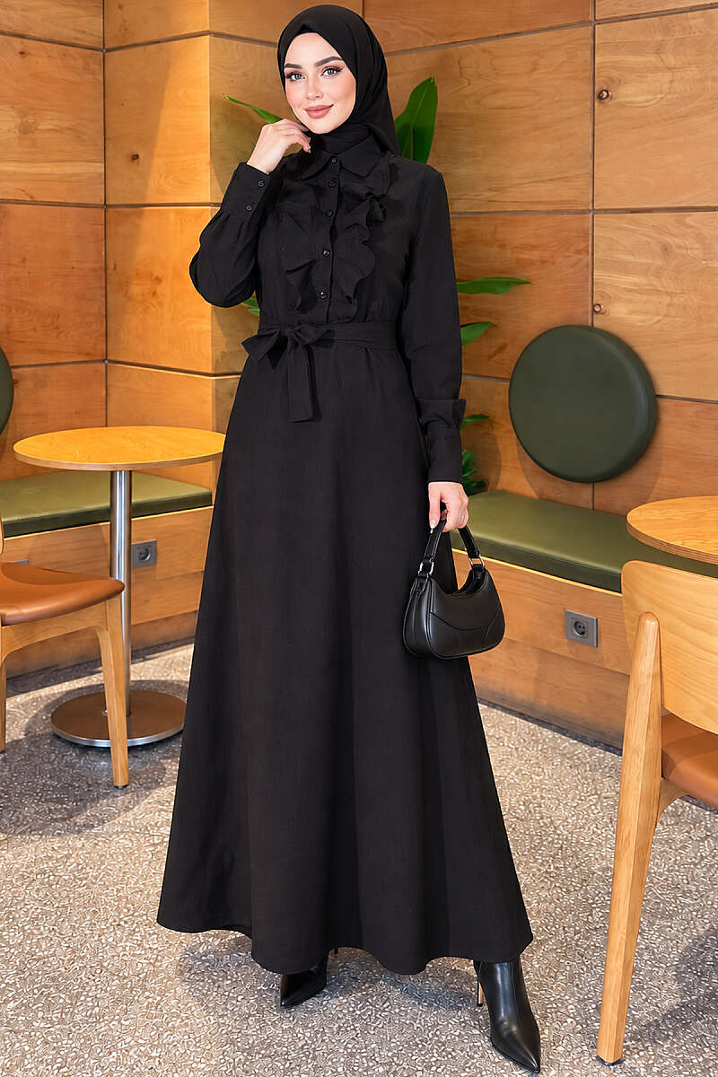 Half-Button Dress with Ruffled Front - Black