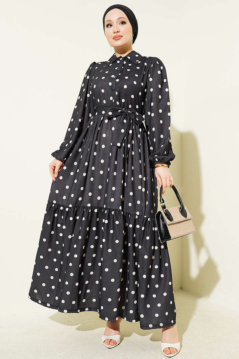 Half-Button Polka Dot Dress - Black