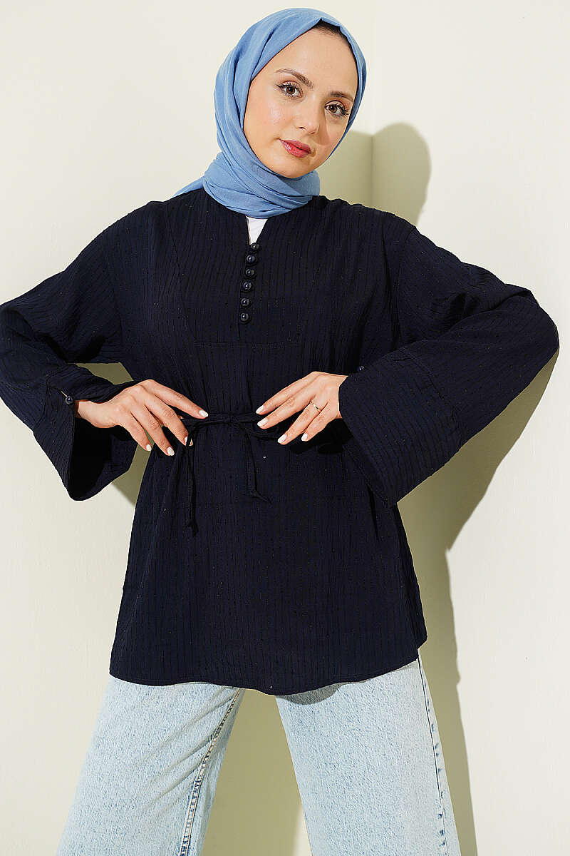 Half-Button Sequin Tunic with Topstitching - Navy