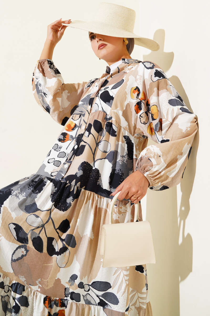 Half-Button Leaf Print Dress - Smoke Grey