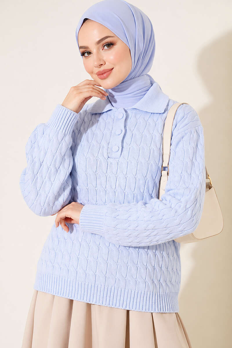 Half-Button Swirl Pattern Sweater - Light Blue