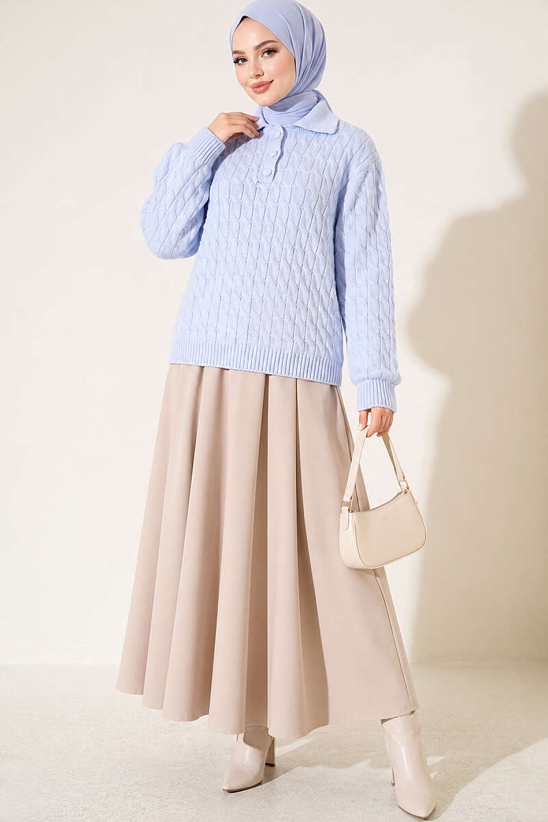 Half-Button Swirl Pattern Sweater - Light Blue