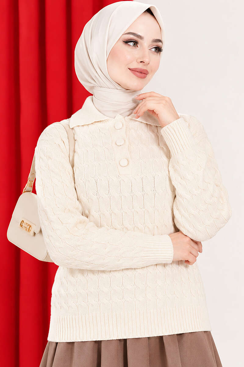 Half-Button Swirl Pattern Sweater - Beige