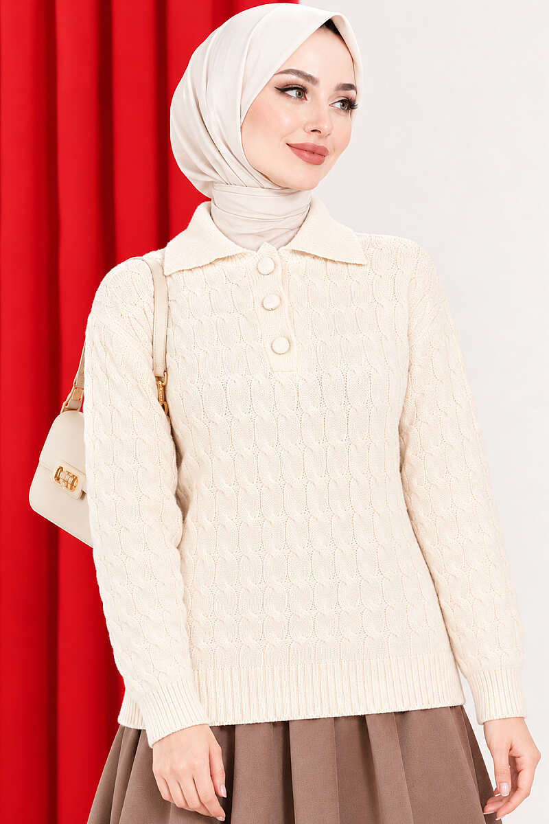 Half-Button Swirl Pattern Sweater - Beige