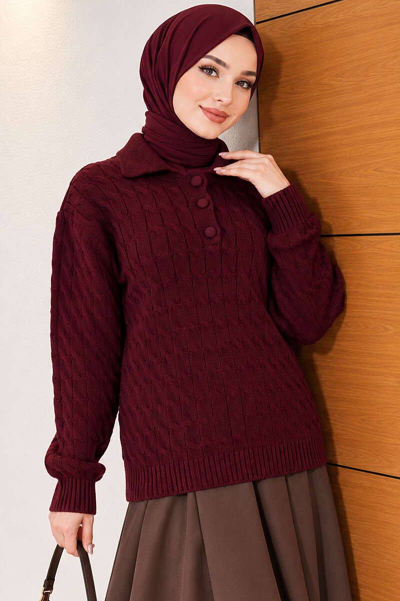 Half-Button Swirl Pattern Sweater - Burgundy