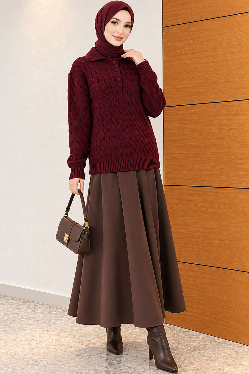 Half-Button Swirl Pattern Sweater - Burgundy