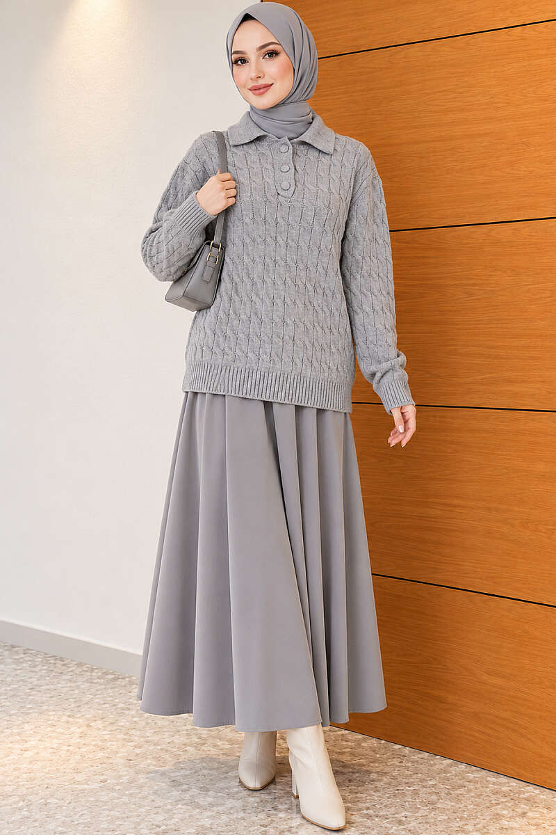 Half-Button Swirl Pattern Sweater - Grey