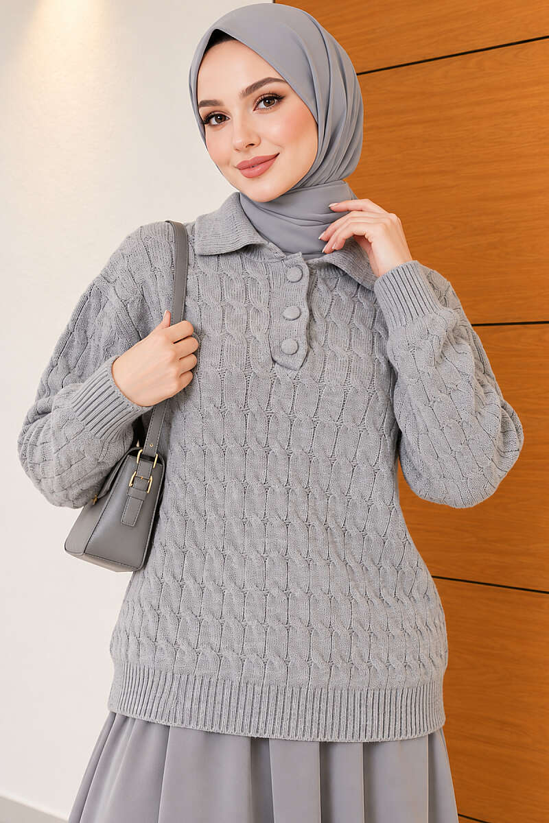 Half-Button Swirl Pattern Sweater - Grey