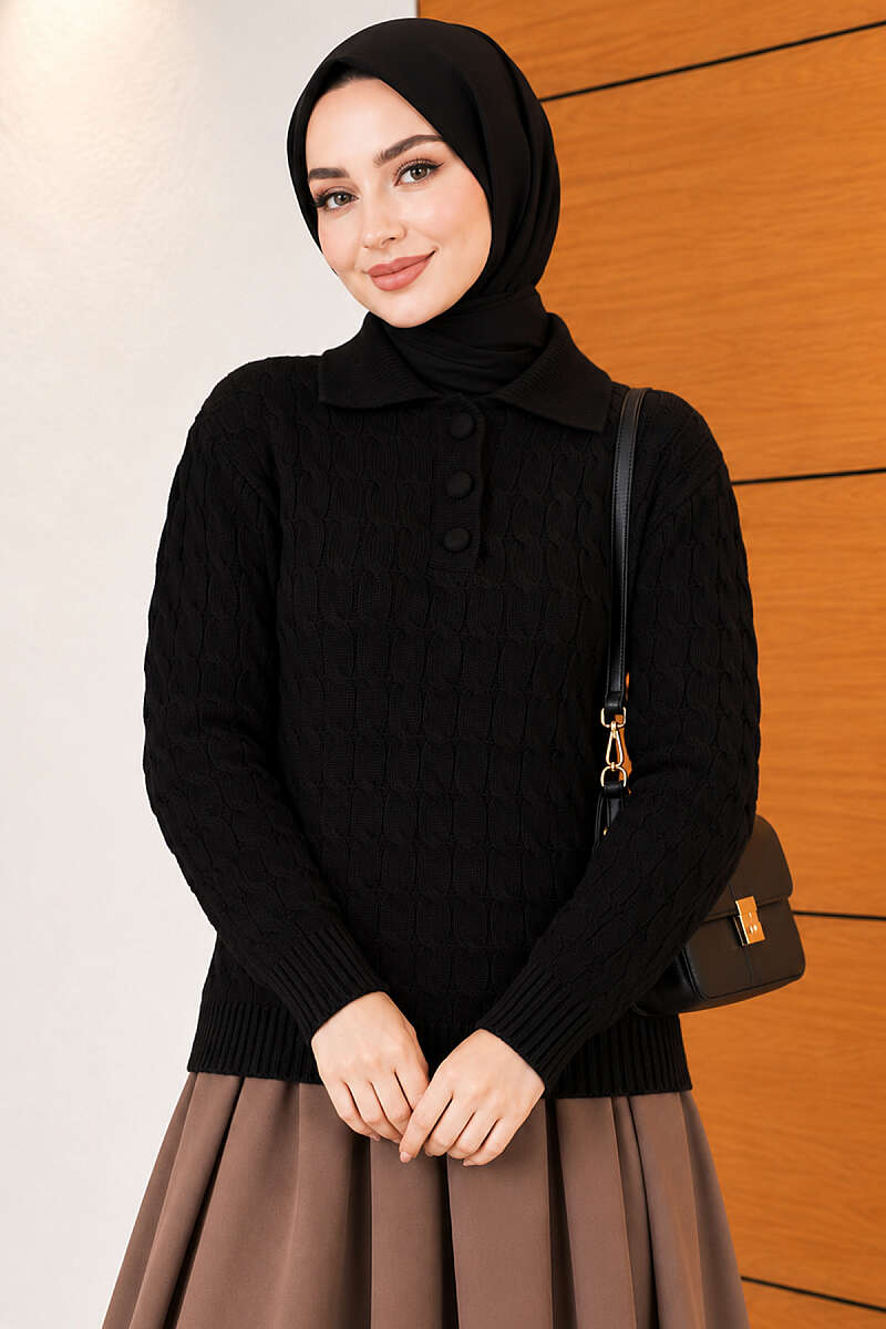 Half-Button Swirl Pattern Sweater - Black
