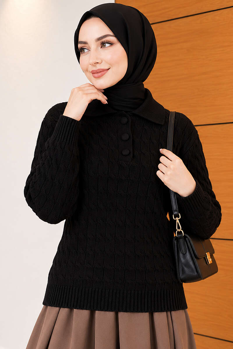 Half-Button Swirl Pattern Sweater - Black