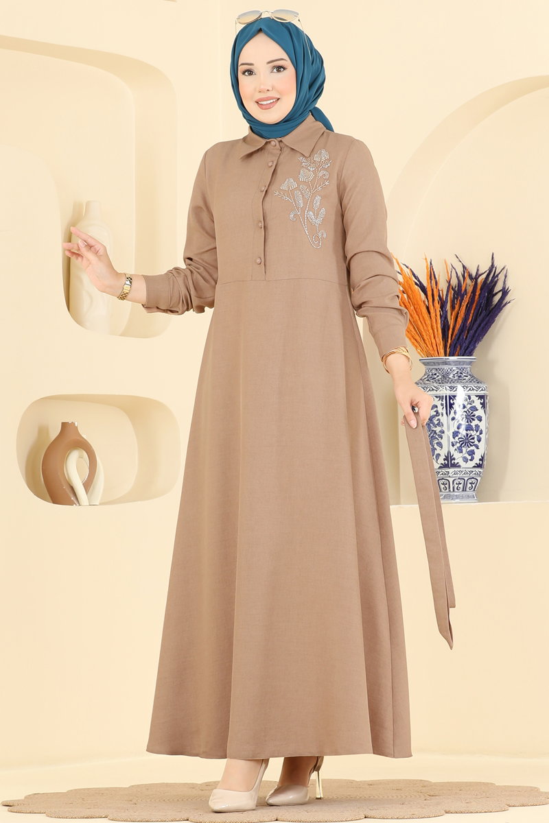 Elegant Half-Button Linen Dress - Mink