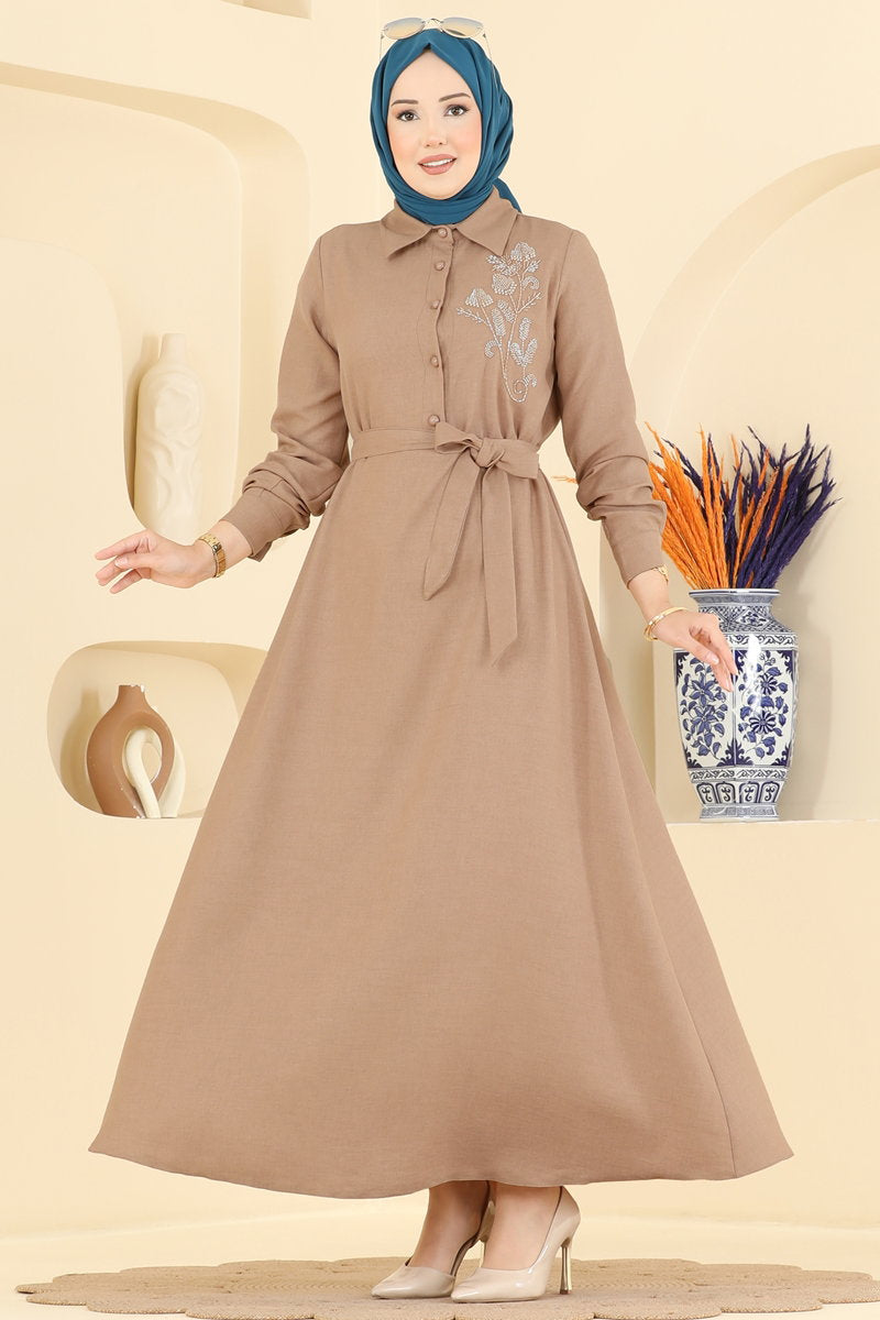 Elegant Half-Button Linen Dress - Mink