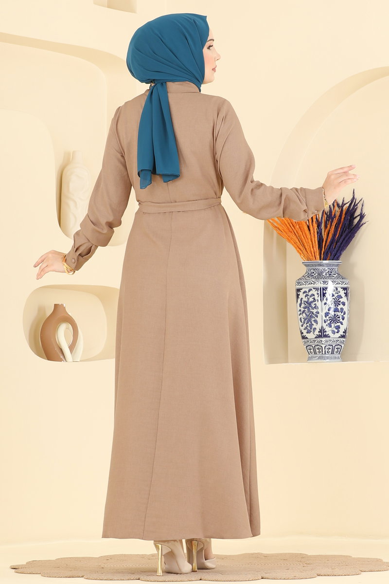 Elegant Half-Button Linen Dress - Mink