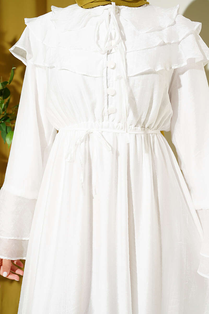 Half-Button Ruffle Dress - White