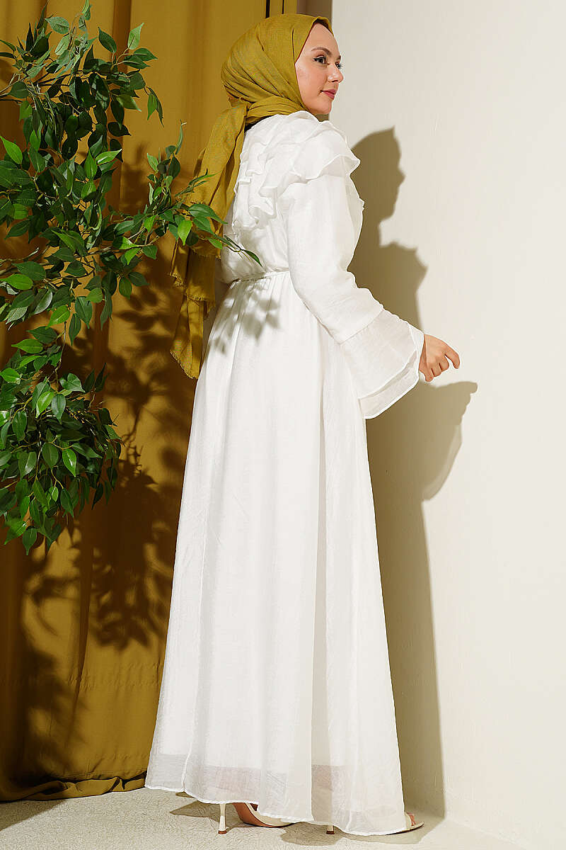 Half-Button Ruffle Dress - White