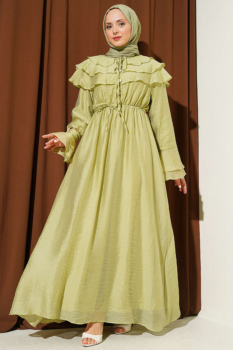 Half-Button Ruffle Dress - Almond Green