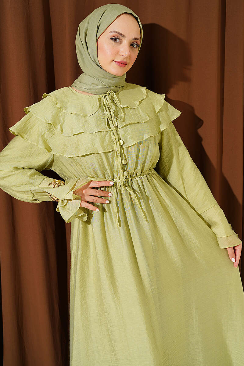Half-Button Ruffle Dress - Almond Green