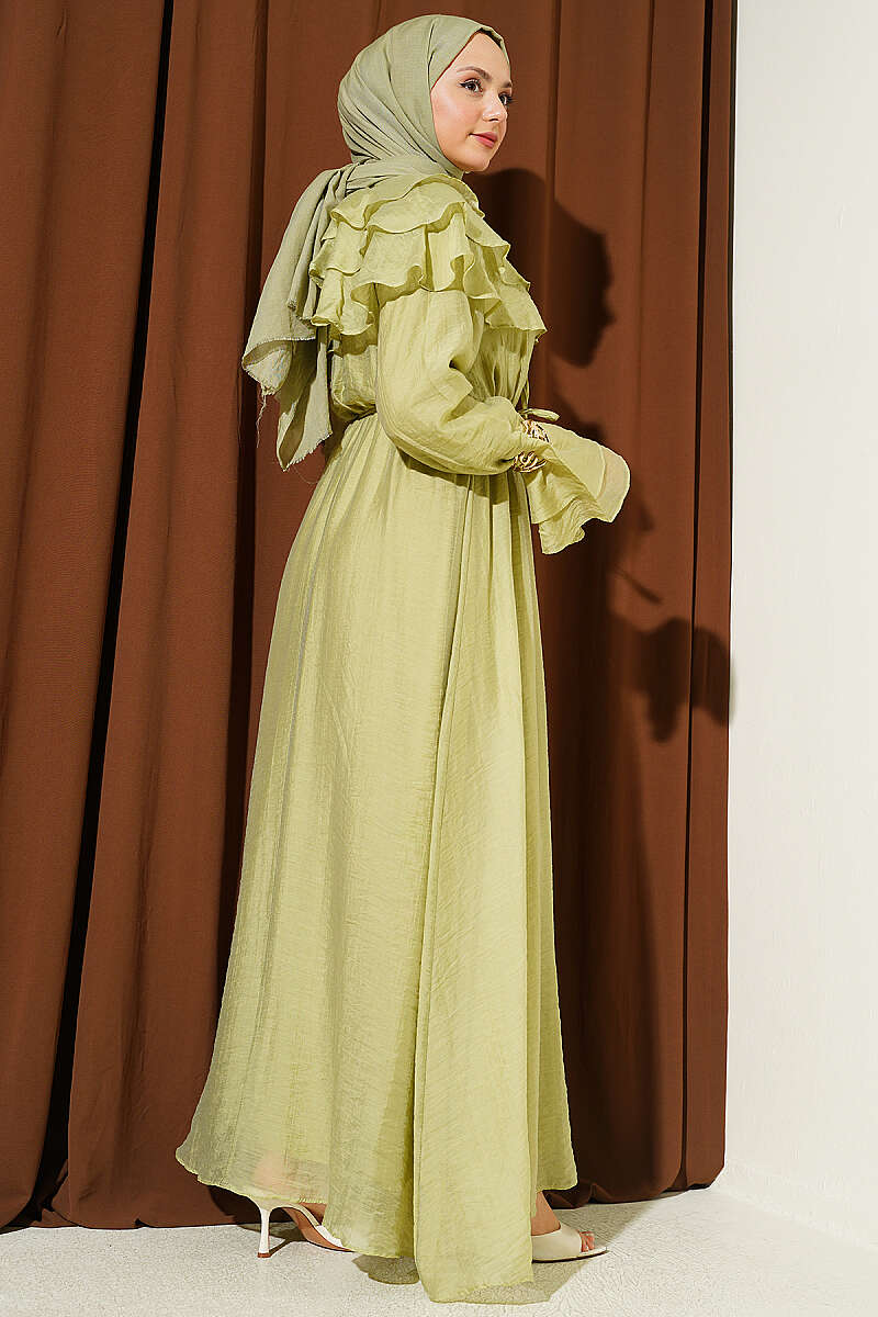 Half-Button Ruffle Dress - Almond Green