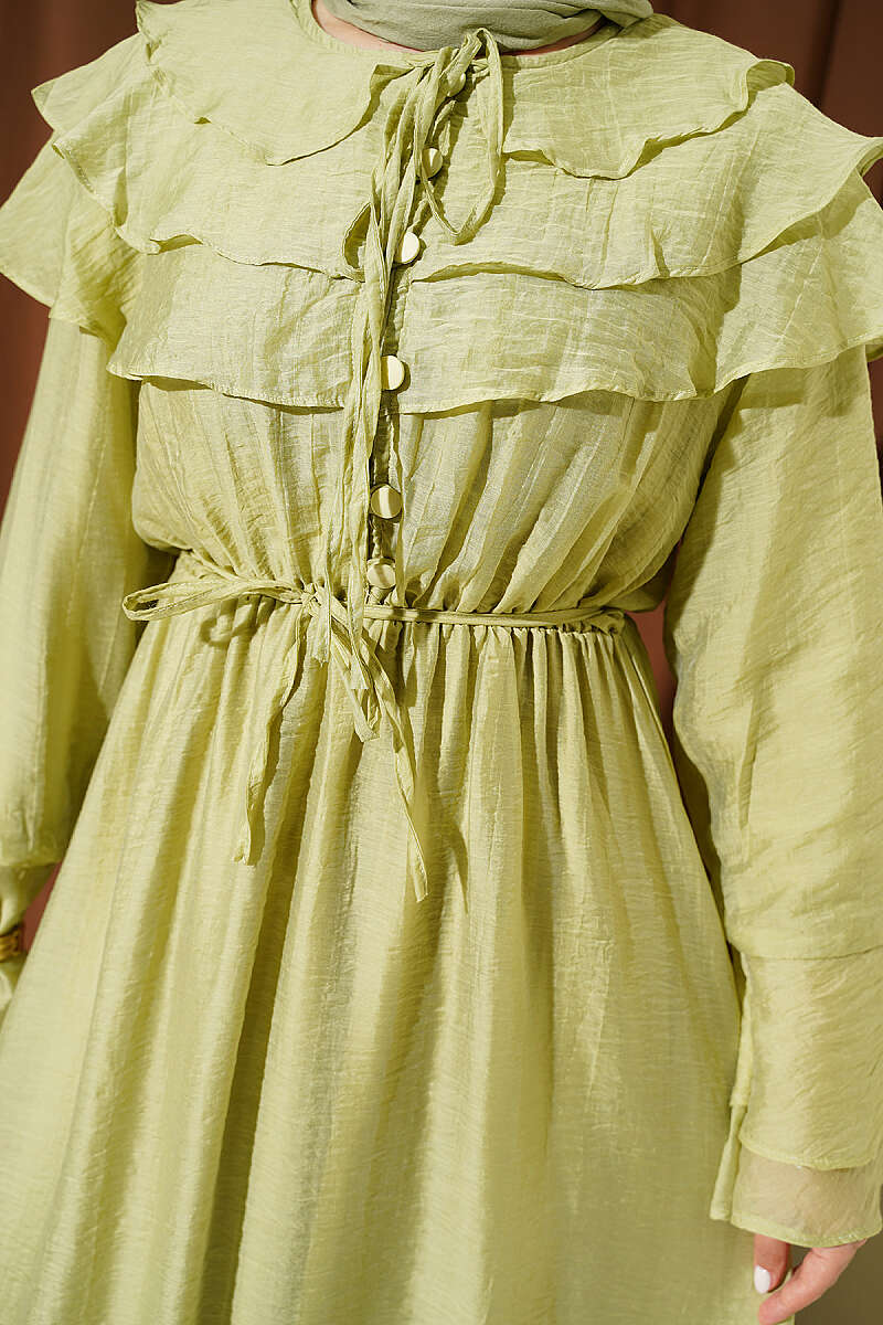 Half-Button Ruffle Dress - Almond Green