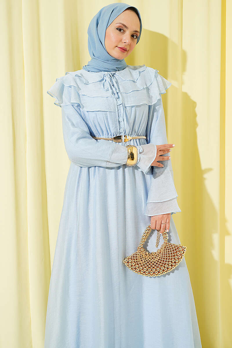 Half-Button Ruffle Dress - Blue