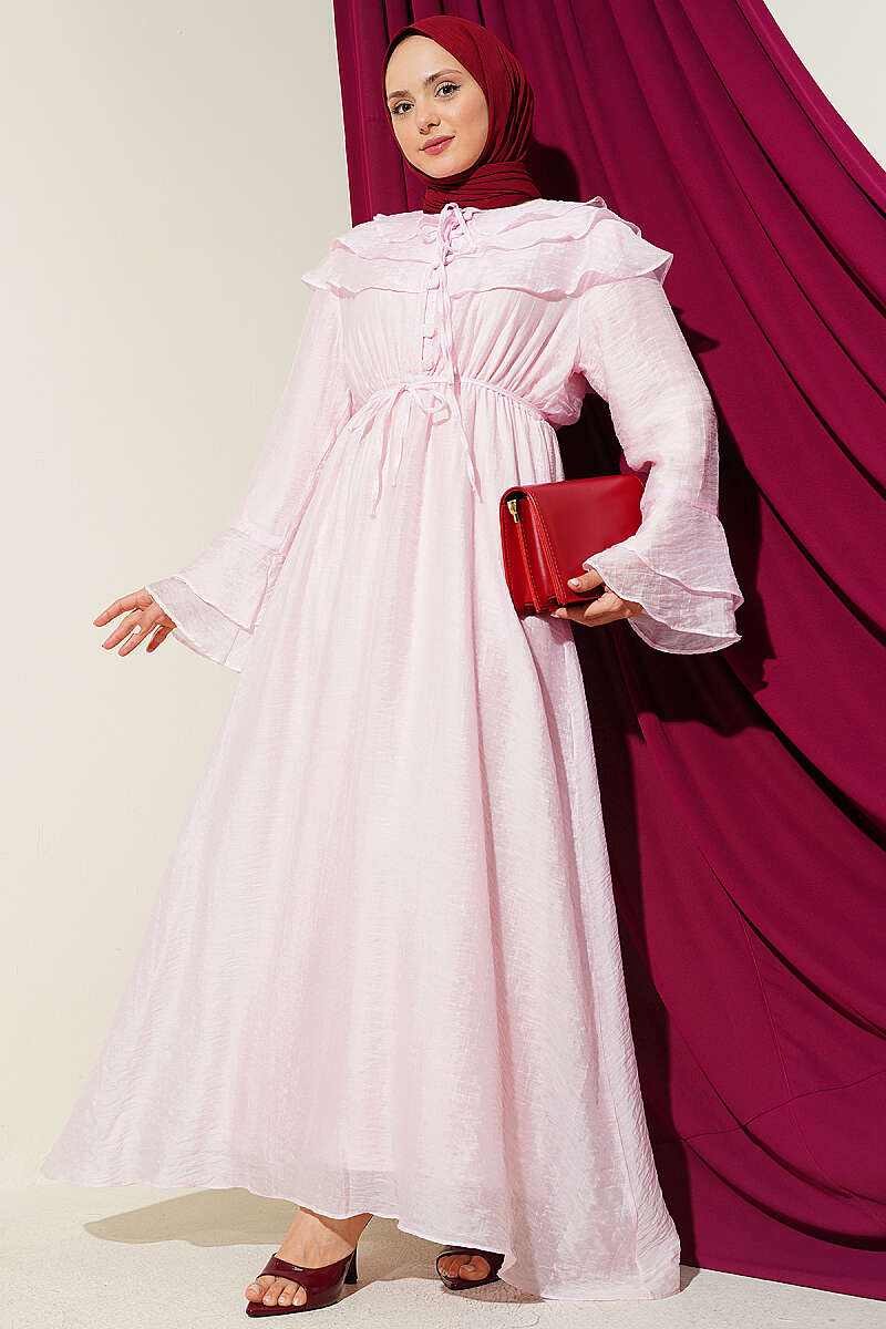 Half-Button Ruffle Dress - Pink