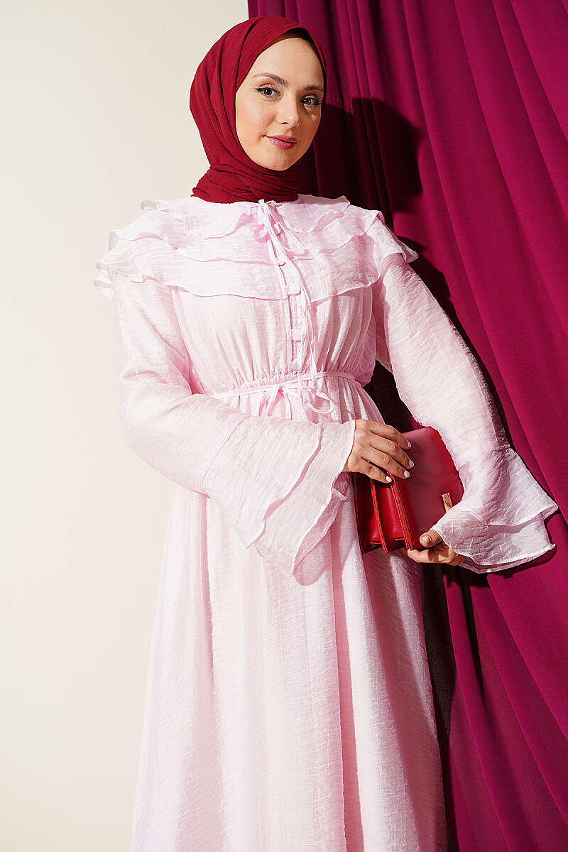 Half-Button Ruffle Dress - Pink