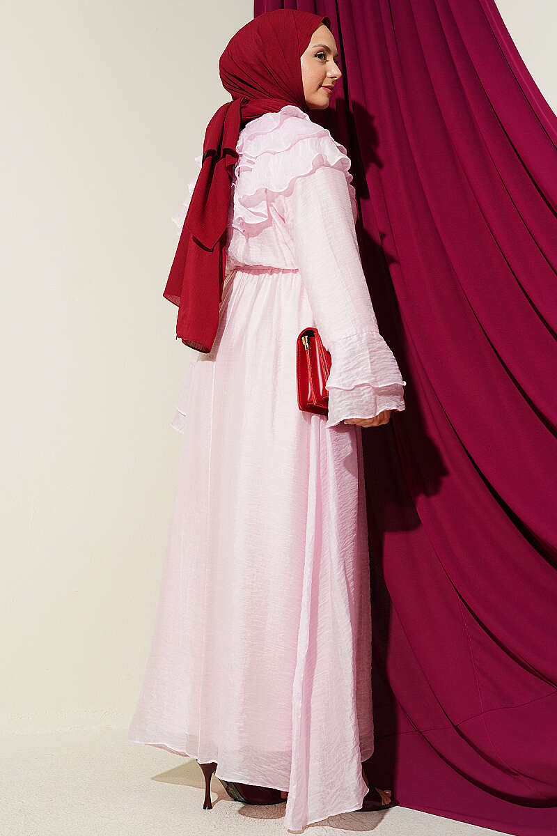 Half-Button Ruffle Dress - Pink