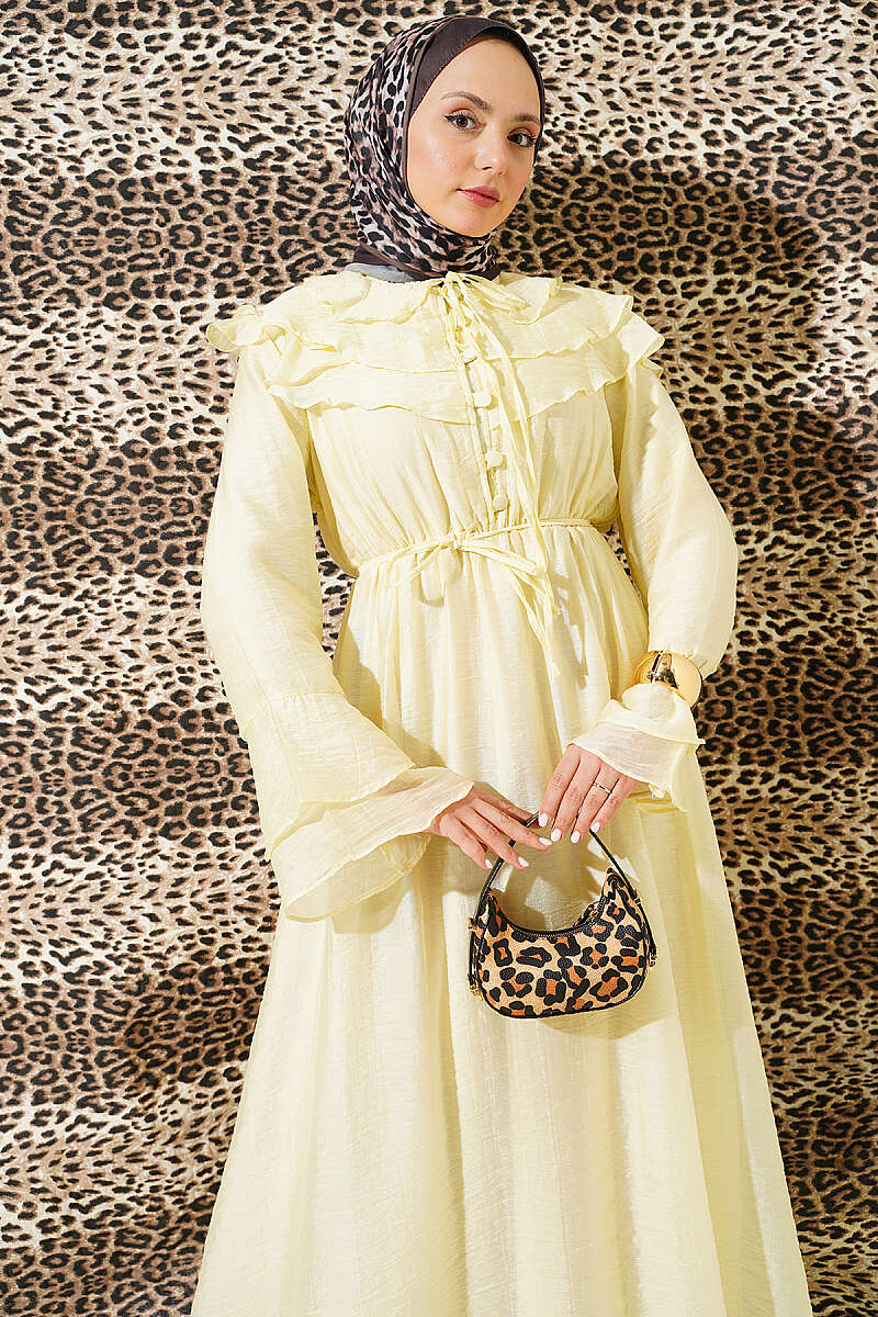 Half-Button Ruffle Dress - Yellow