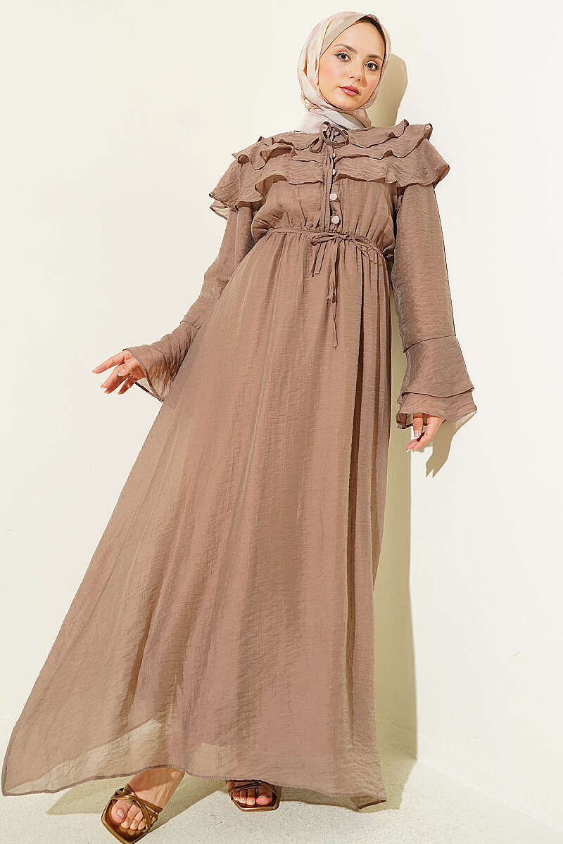 Half-Button Ruffle Dress - Mink