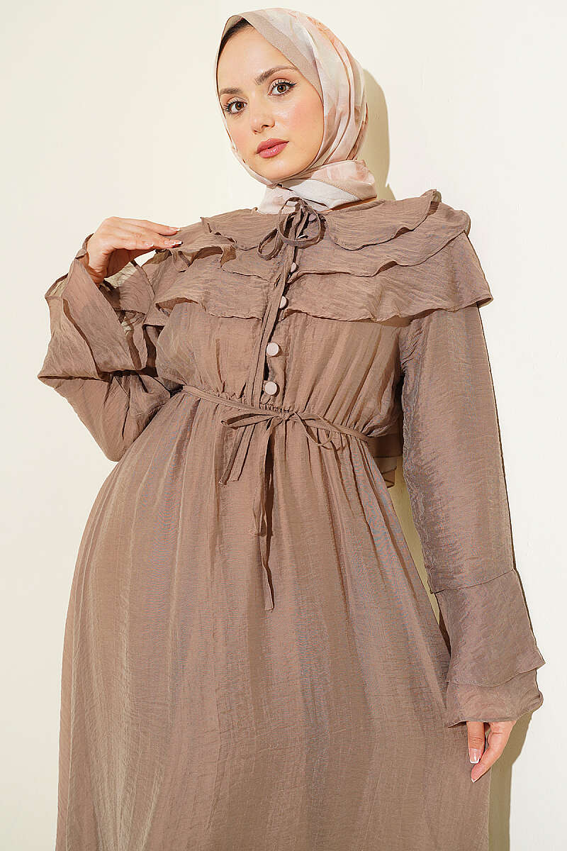Half-Button Ruffle Dress - Mink