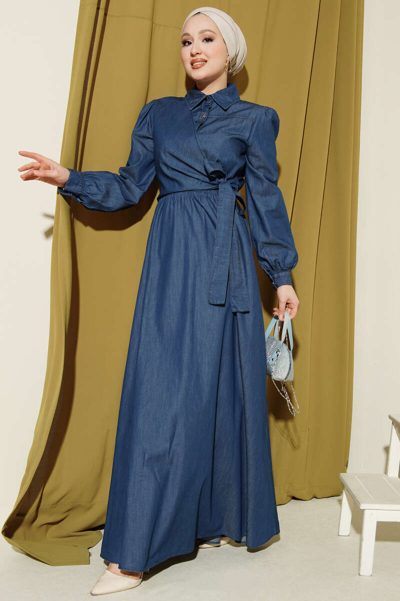 Half-Button Side-Tie Denim Dress - Blue
