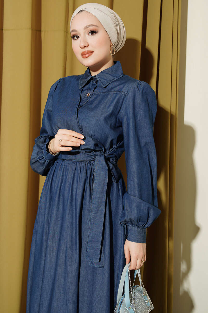 Half-Button Side-Tie Denim Dress - Blue