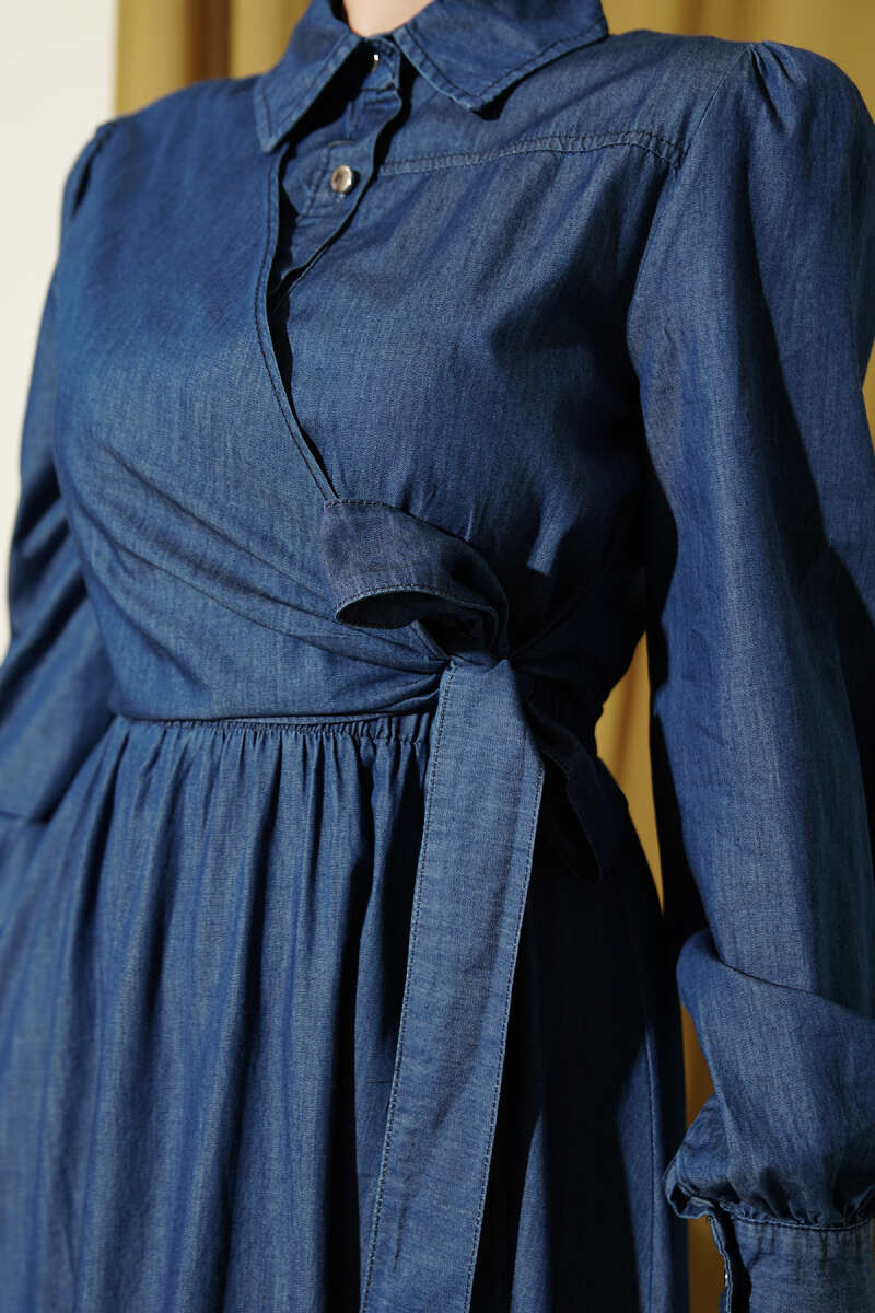 Half-Button Side-Tie Denim Dress - Blue
