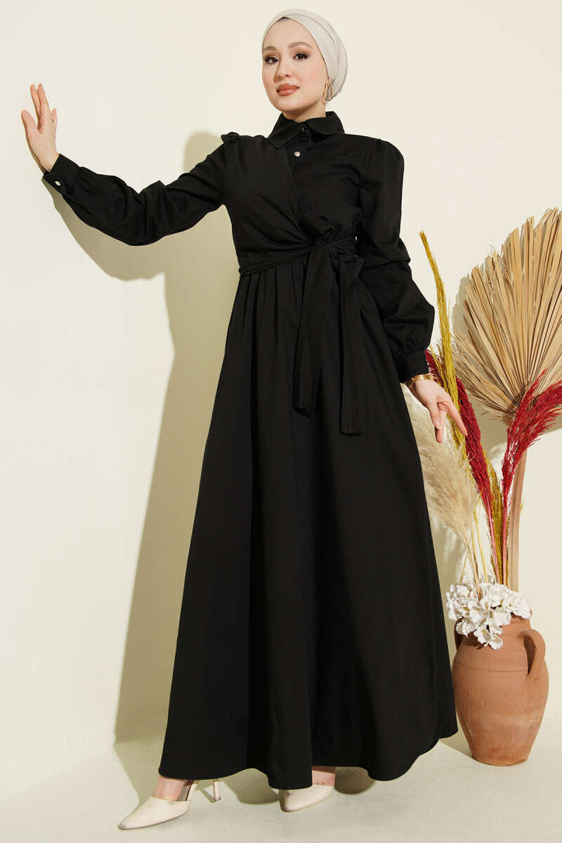 Half-Button Side-Tie Denim Dress - Black