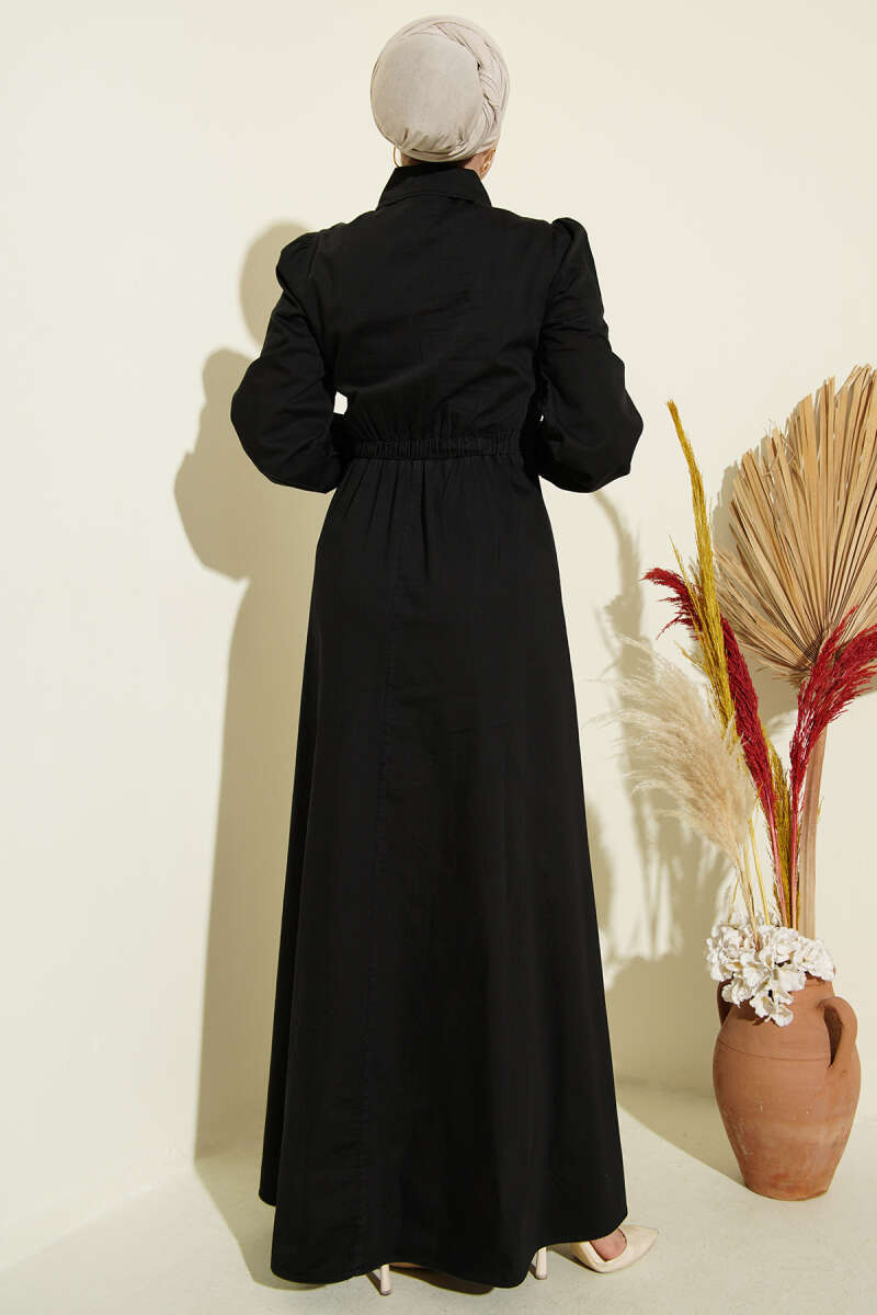 Half-Button Side-Tie Denim Dress - Black