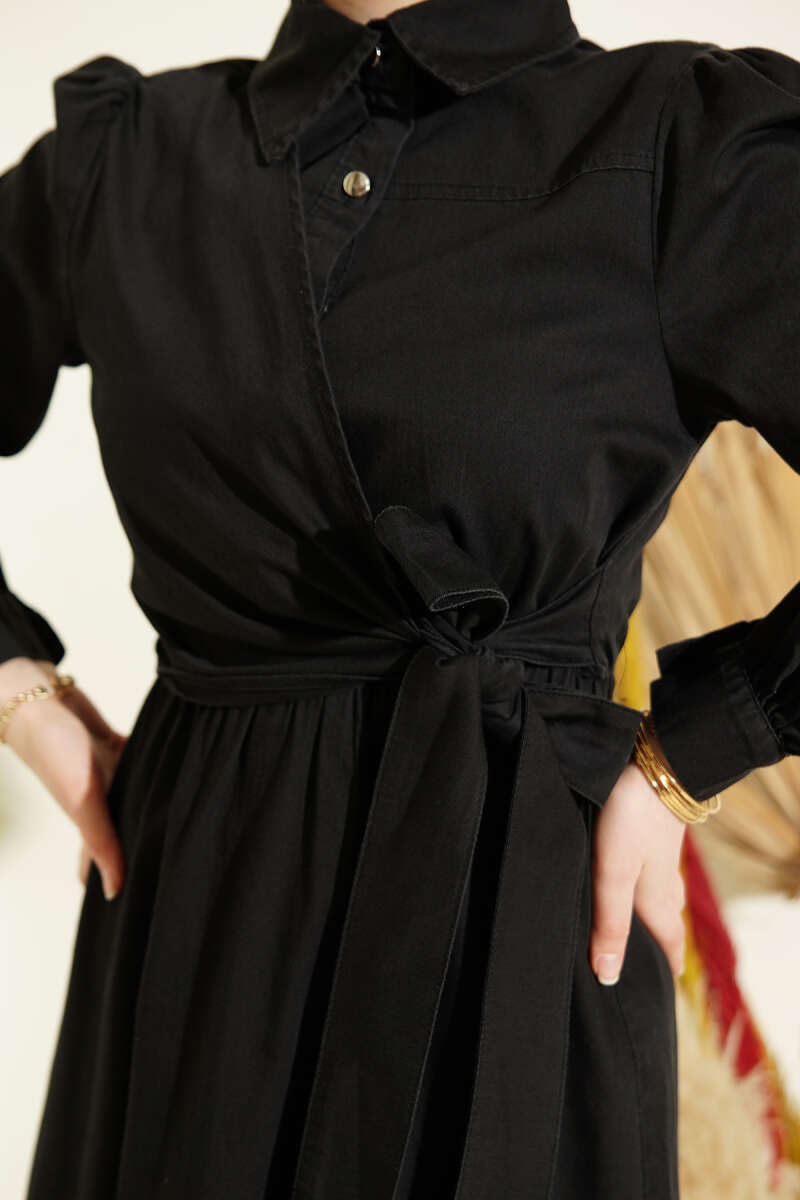 Half-Button Side-Tie Denim Dress - Black