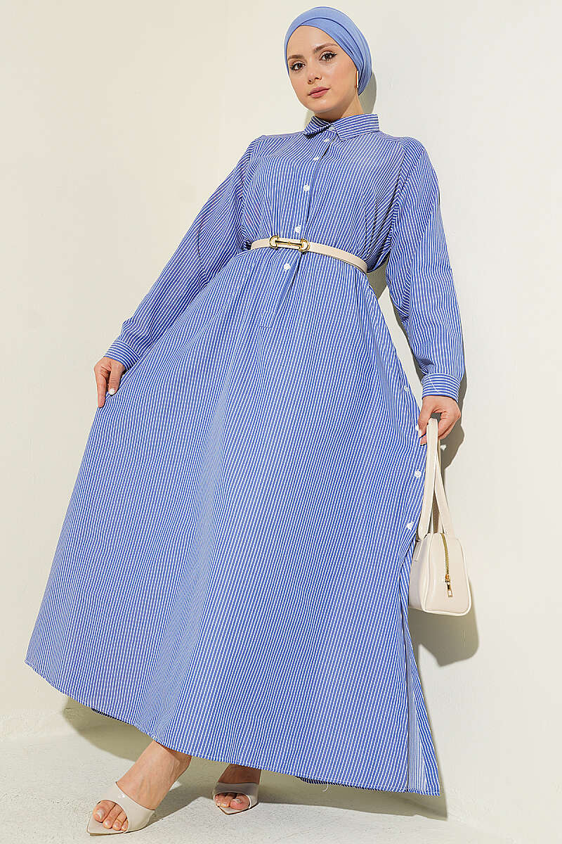 Long Striped Half-Button Shirt with Side Slits - Navy