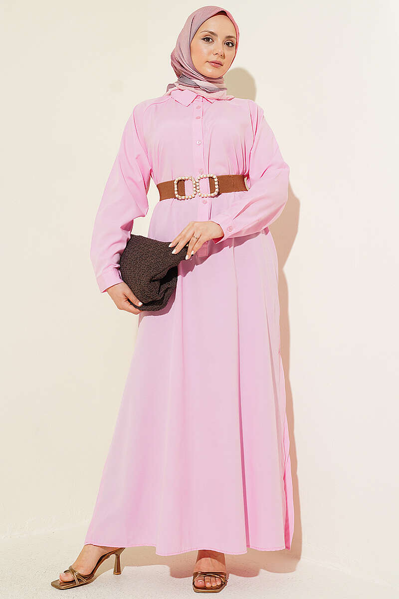 Long Half-Button Shirt with Side Slits - Pink