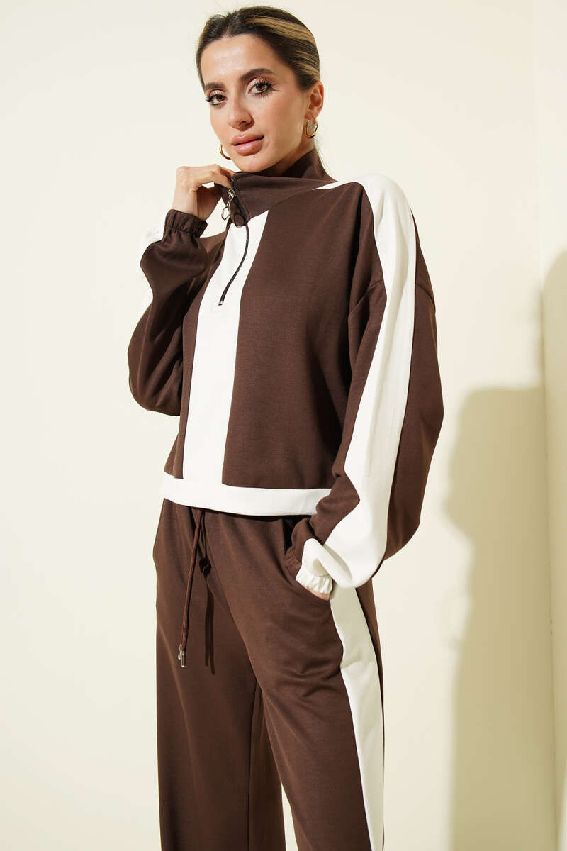 Half-Zip Loycha Sweat Two-Piece Set - Brown
