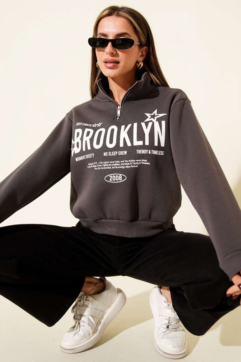 Half-Zip Printed Three-Thread Sweatshirt - Smoke Grey
