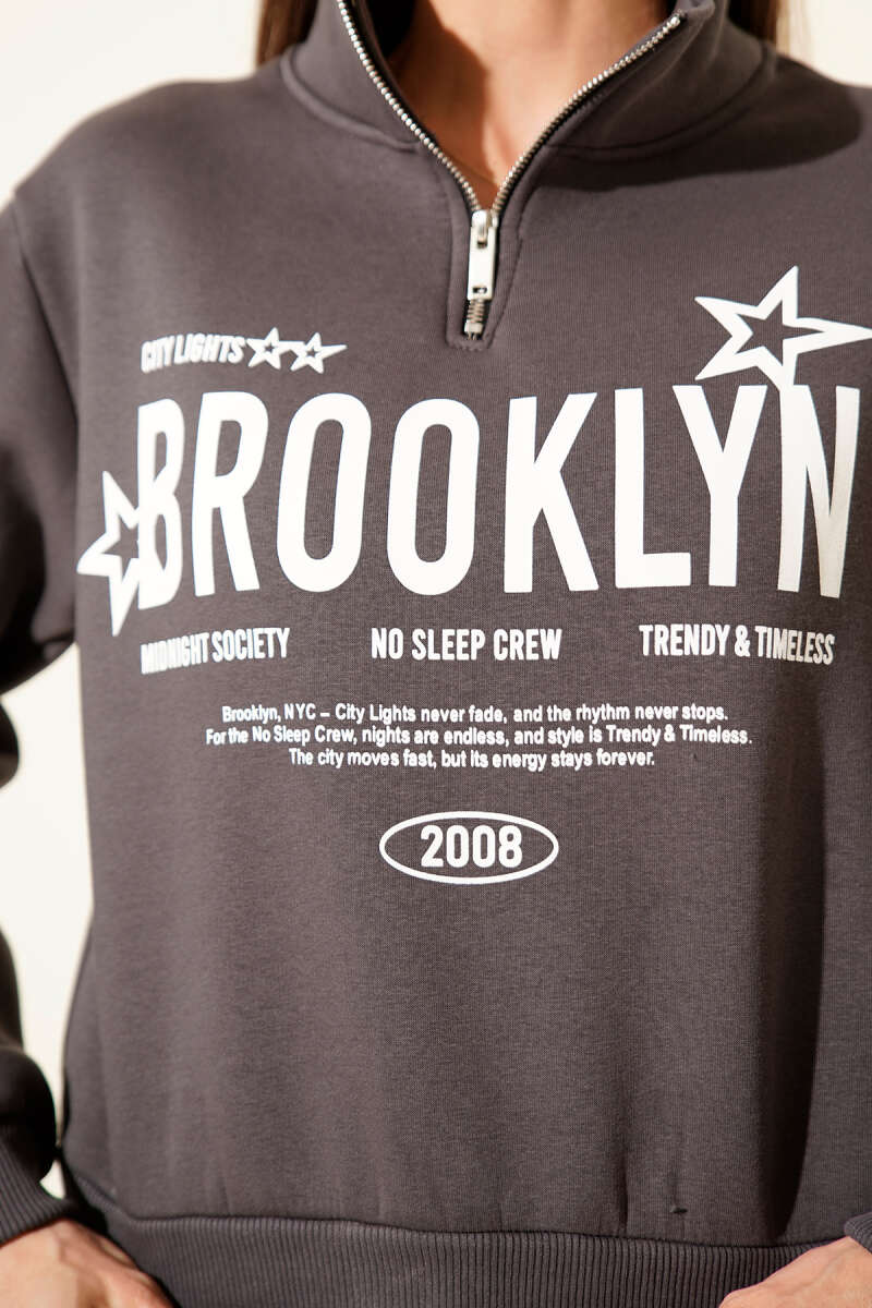 Half-Zip Printed Three-Thread Sweatshirt - Smoke Grey