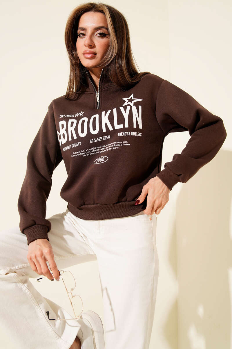 Half-Zip Printed Three-Thread Sweatshirt - Brown