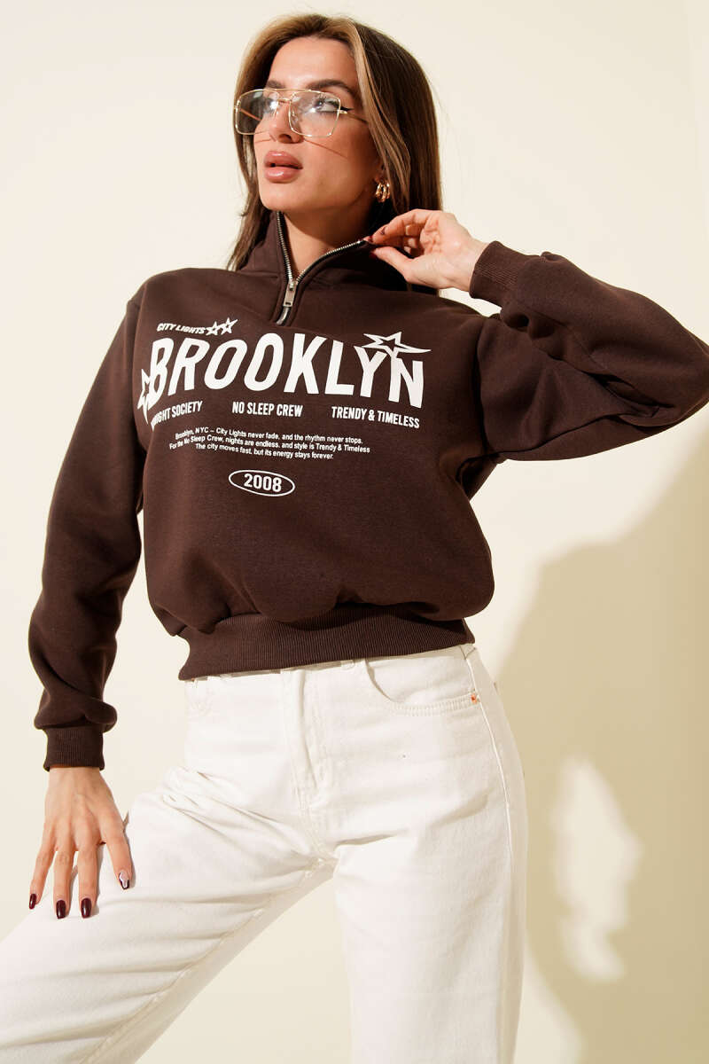 Half-Zip Printed Three-Thread Sweatshirt - Brown