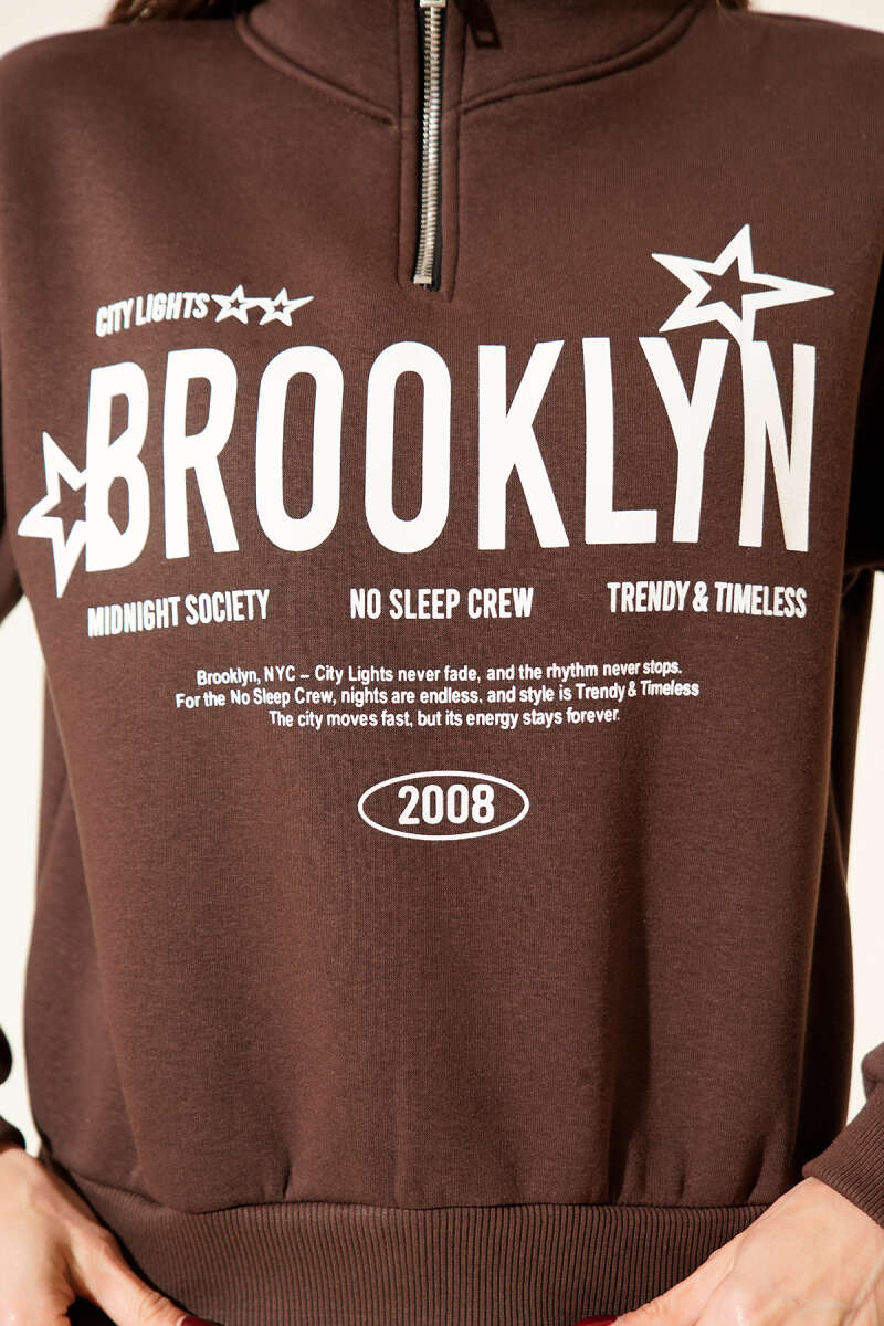 Half-Zip Printed Three-Thread Sweatshirt - Brown