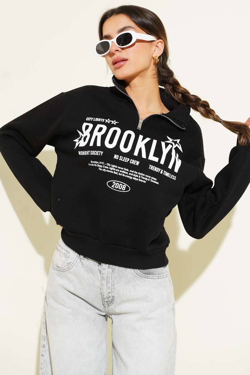 Half-Zip Printed Three-Thread Sweatshirt - Black